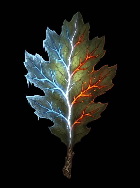 The Syren-Leaf — a leaf split between frost and ember, veined with lightning
