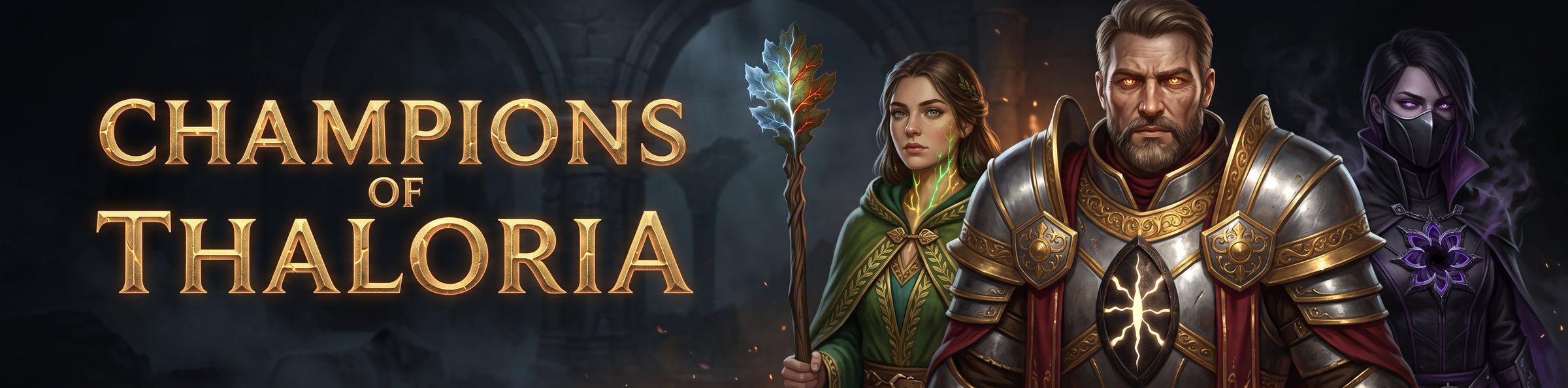 Champions of Thaloria — a wizard, a paladin and a fallen outcast standing together in a ruined hall